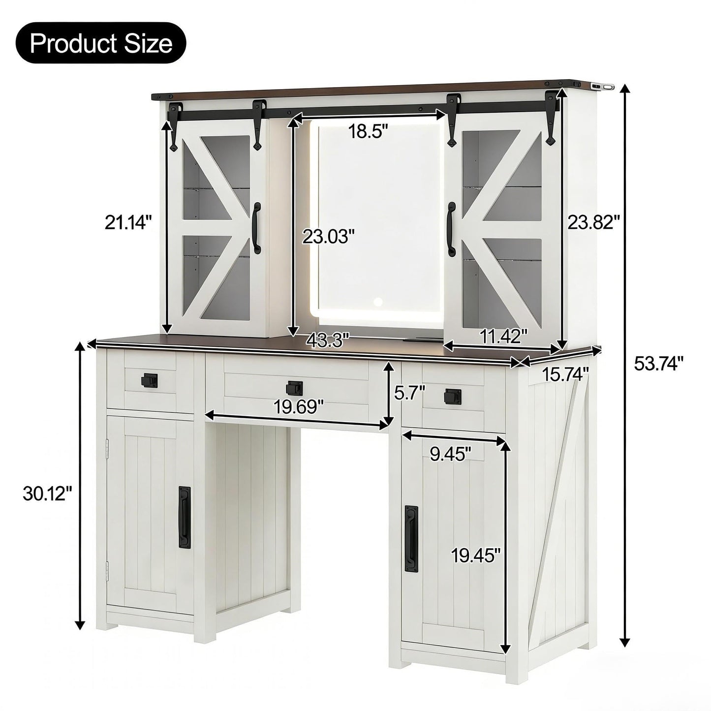 GDFStudio 43.3" Farmhouse Makeup Vanity Desk with Lighted Mirror, Dressing Table Set with Sliding Barn Door Hidden Shelves, 3 Drawers & 4 Cabinets, Charging Station, Beige and White Finish
