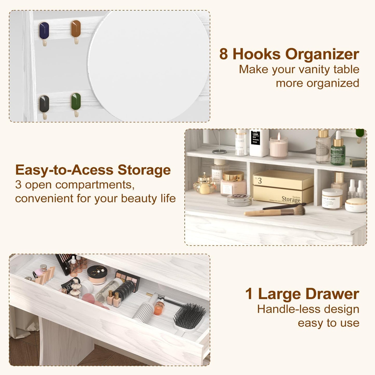 HedoAjim Vanity Desk with Lights, Makeup Table with Mirror, Dressing Table with 5 Hollywood Bulbs, 3 Adjustable Lighting Colors, Small Vanity Desk for Bedroom (Wood Grain)