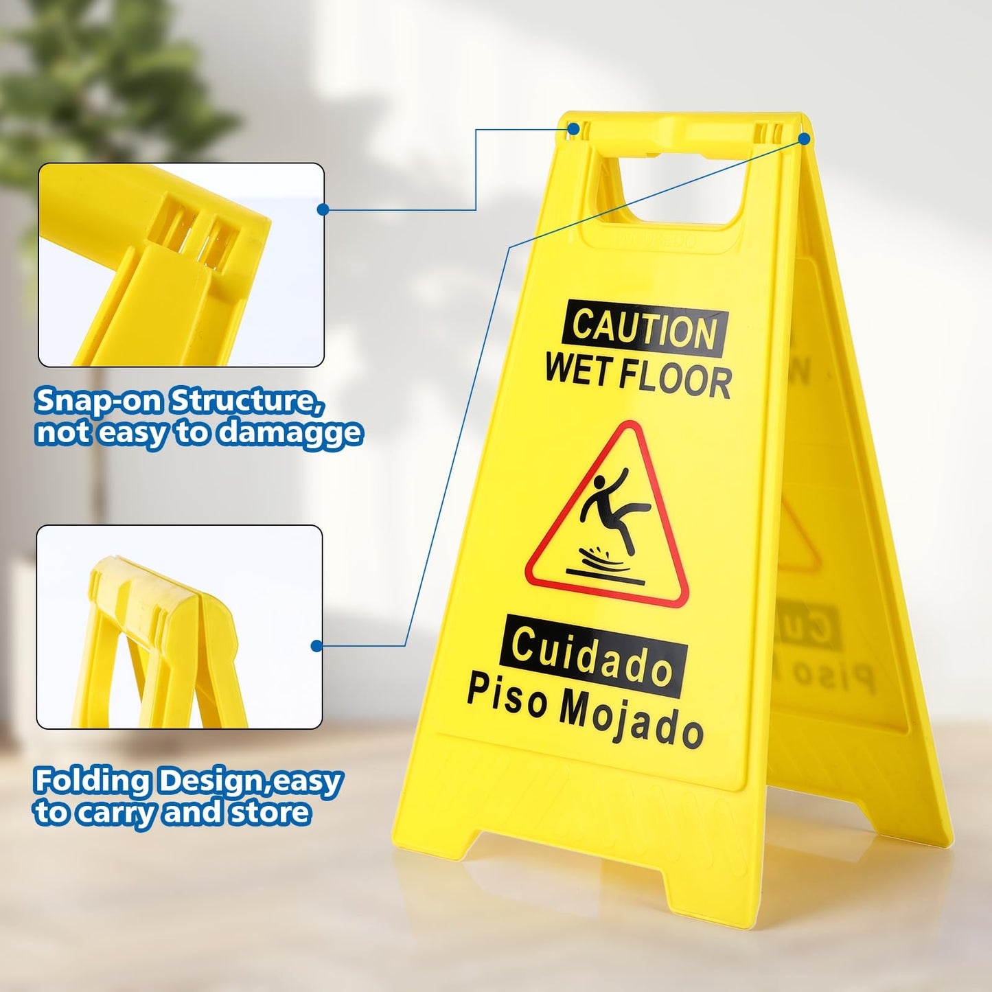 WOUSEDO 6-Pack Caution Wet Floor Sign,17.5" Height,Bright Yellow Double-Sided Folding A-Shaped Frame Design, Bilingual Caution Message