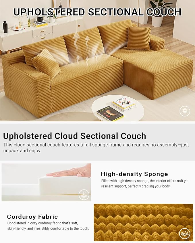 105 Inch Modular Sectional Sofa,Modern Cloud Sectional Couch with Deep Seat,Corduroy Boneless Couches with L-Shape Chaise for Living Room Bedroom,No Assembly Required (Yellow, Right Facing Chaise)