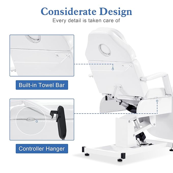 BarberPub Fully Electric Facial Bed with 3 Motor for Esthetician, Electric Tattoo Chair for Client, Facial Bed for Esthetician, Electric Adjustment 2751 (White, Height (Flat): 24"–33")
