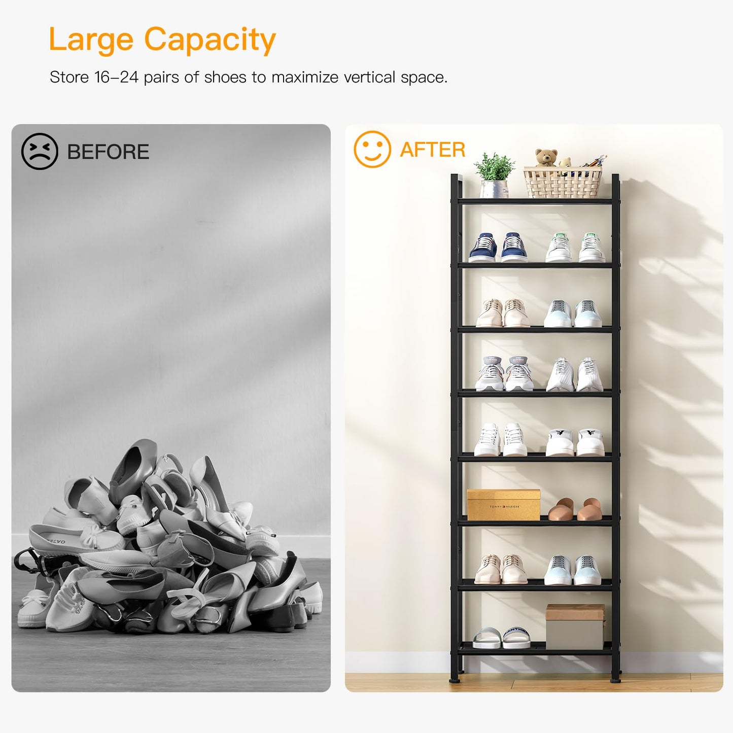 usikey 8 Tiers Narrow Shoe Rack 16-24 Pairs, Sturdy Metal Tall Shoe Rack with 4 Hooks, Slim Shoe Storage Organizer with Metal Shelf, Space Saving Vertical Shoe Shelf for Entryway, Closets, Black