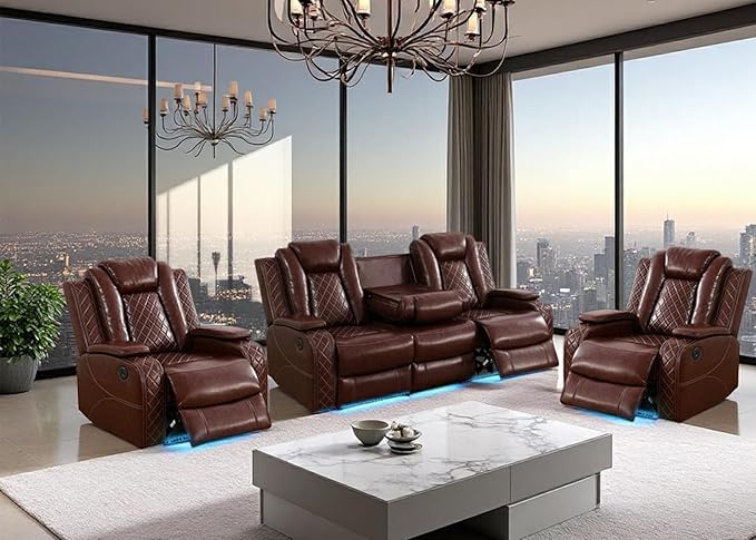 Toseslo Power Recliner Sofa Set with LED Light,Living Room Furniture Sets,Brown Leather Sofa and 2 Chairs Set, Modern Power Reclining Sets with Cup Holder/Storage Console for House