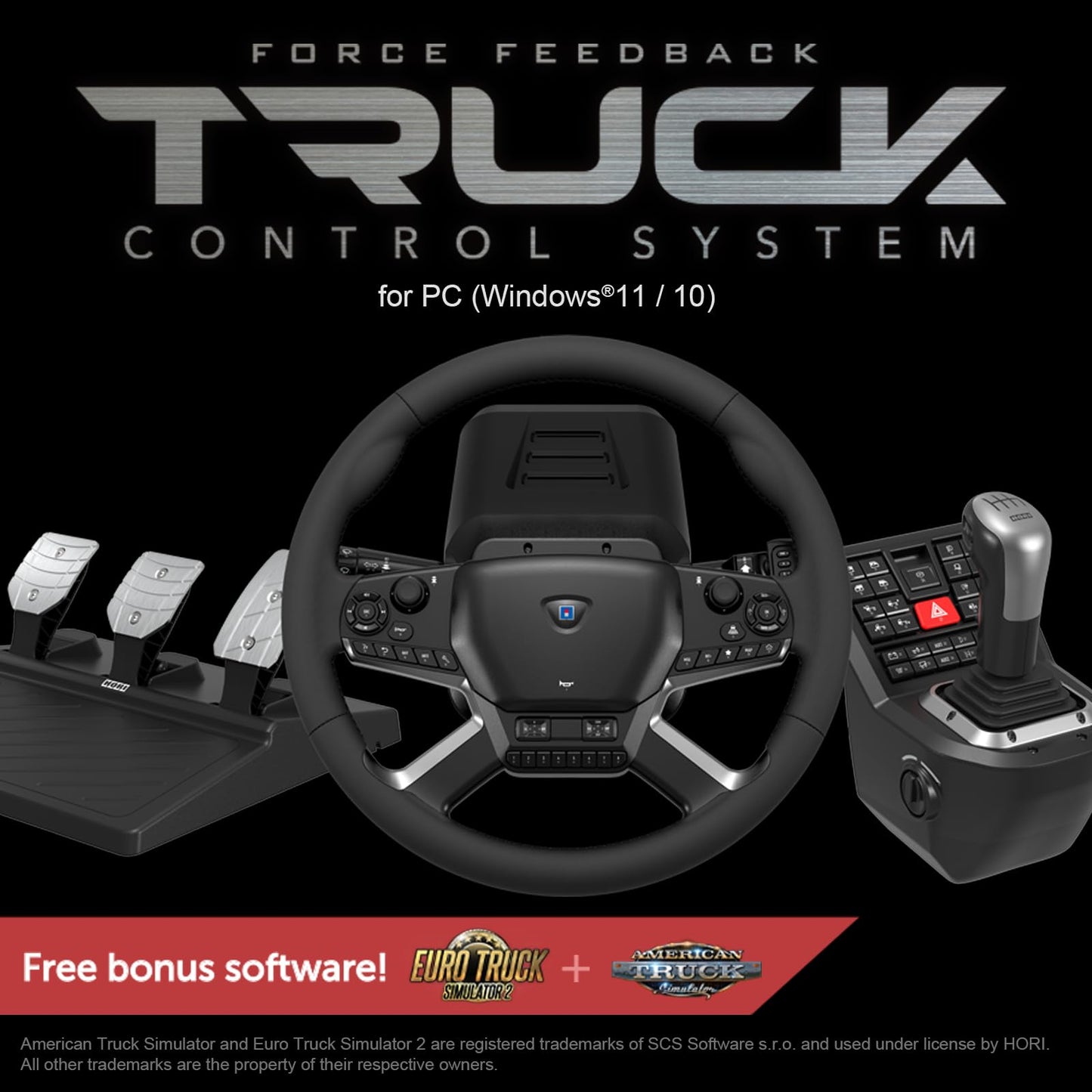 HORI Truck Control System for Windows 11/10 with Force Feedback Steering Wheel, Shifter Control Panel, & Pedals