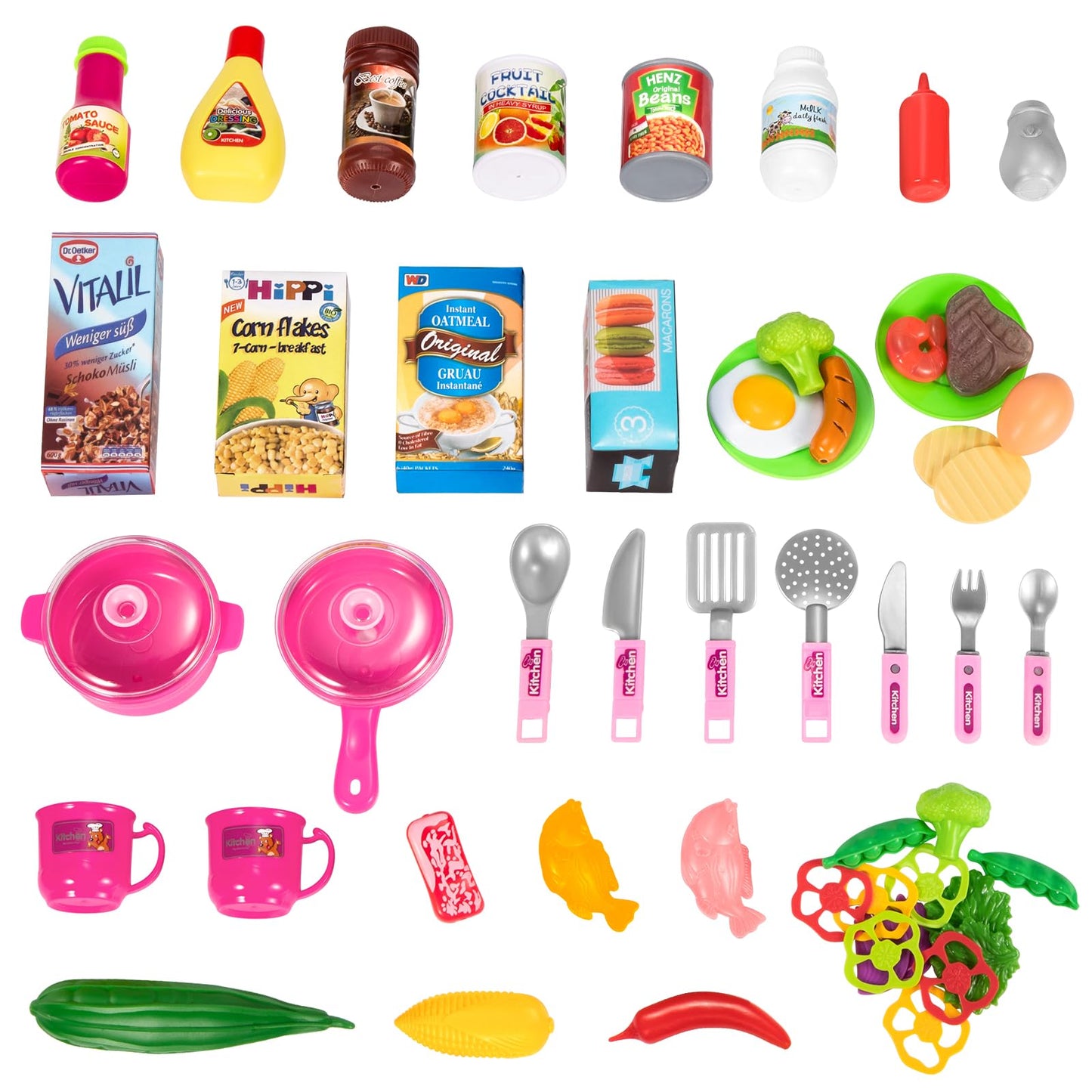 TEMI Play Kitchen Playset Pretend Food - 53 Pieces Pink Kitchen Toys for Toddlers, Toy Accessories Toddler Set with Sound and Light, Toddler Outdoor Playset for Kids, Girls and Boys
