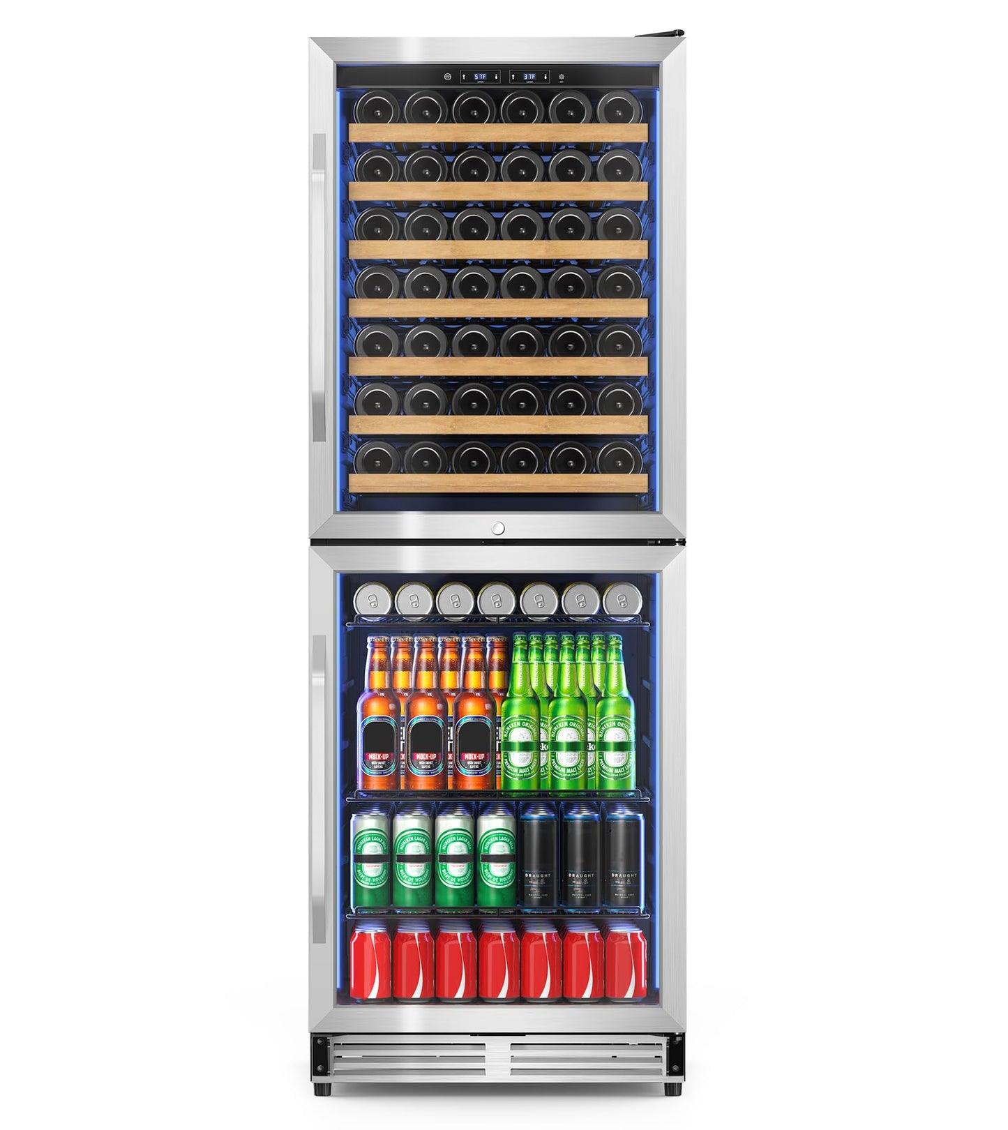 2 IN 1 Wine and Beverage Refrigerator 24", Dual Zone Wine Cooler with Safety Lock, Built-in/Freestanding Beverage Cooler for 77 Bottles 150 Cans, Quiet & Constant Fast Cooling for Home Kitchen Bar