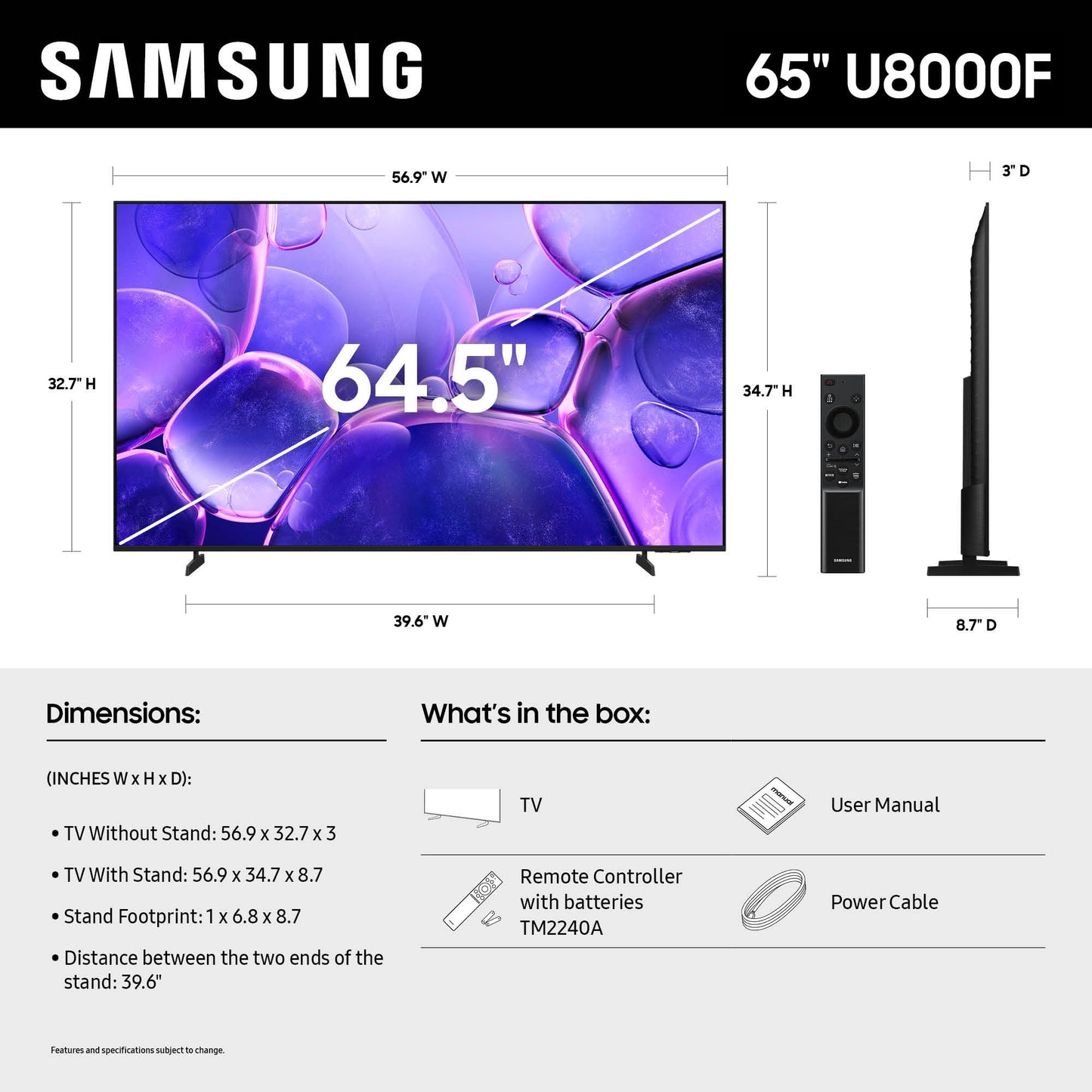 Samsung 65-Inch Class Crystal UHD U8000F 4K Smart TV (2025 Model) Endless Free Content, Crystal Processor 4K, MetalStream Design, Knox Security, Alexa Built-in