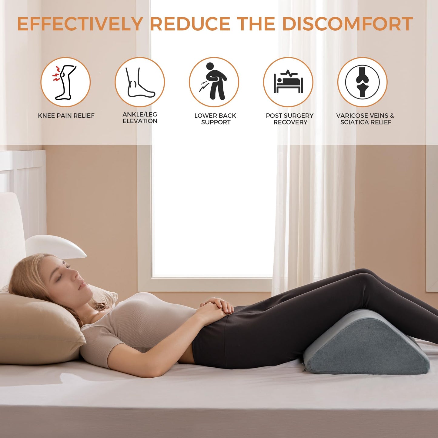 Knee Wedge Pillow 6.3'' for Post-Surgery Recovery - Leg Elevation Support for Sleep Position,Alleviating Lower Back & Hip Pain Enhancing Circulation in Ankles Legs Triangle Pillow with Removable Cover