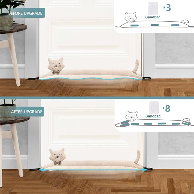 Marwood Under Door Draft Stopper Decorative Wind Stopper 42 inch for Door & Window, Weighted Animal Air Draft Stopper Snake Noise Blocker for Bottom of Door with Hanging Loops - Khaki Cat