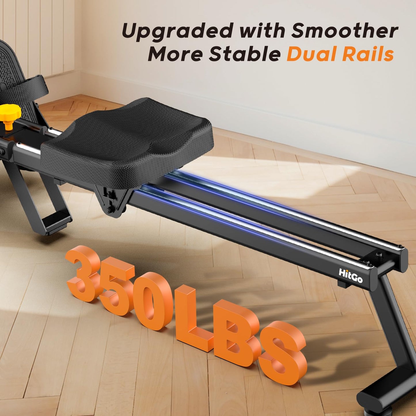 HitGo Magnetic Rowing Machine for Home Use, Foldable Rower with 32 Levels of Silent Resistance, LED Light Effects, Compact Dual Slide Rail, Max 350lb Capacity, Bluetooth & App Compatible