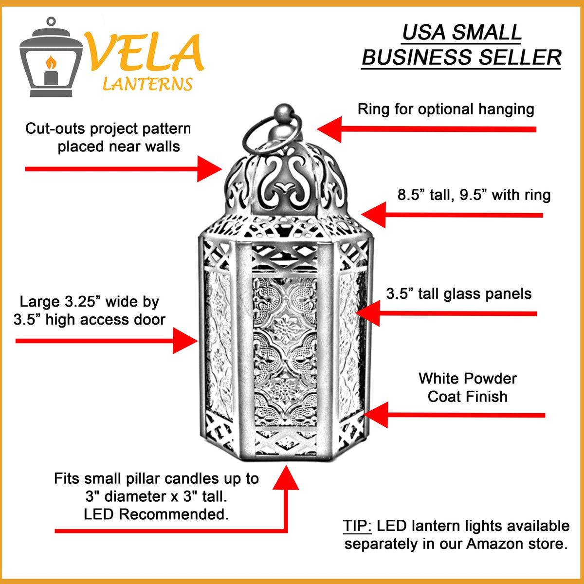 VELA LANTERNS 8.5" Small White Metal Decorative Moroccan Lantern Candle Holder Lamp - Indoor/Outdoor, Home Decor, Patio, Weddings, Ramadan Decor