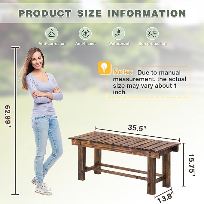 LSPYYDS Outdoor Garden Bench, 2-Person Wood Patio Bench Weatherproof Outdoor Backless Bench, Anti-Corrosion and Anti-Rust Garden Benches for Garden Lawn Porch Park Backyard (Carbonized,35.5''/90cm)