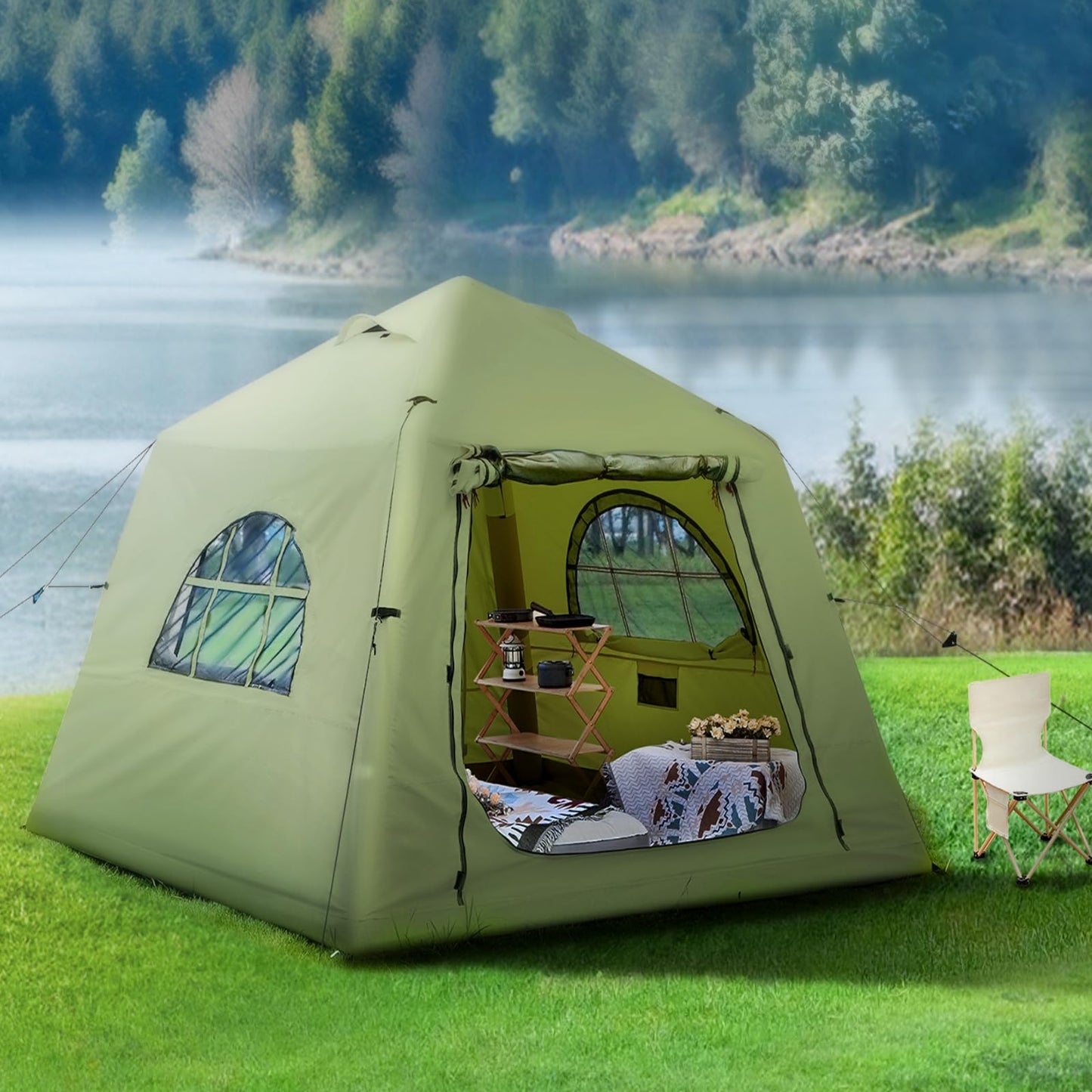 KNUO Inflatable Tent for Winter Camping 7.8x7.8ft Blow Up Air Tents, No Assembly Needed Luxury Glamping Tent for 1/2/3 People, Waterproof Oxford, Field Green