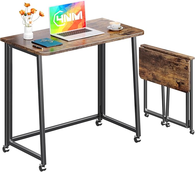 4NM 31.5" Mobile Small Folding Desk, Foldable Rolling Computer Home Office Desk, Study Writing Table for Small Space Saving Bedroom, with Wheels - Rustic Brown and Black