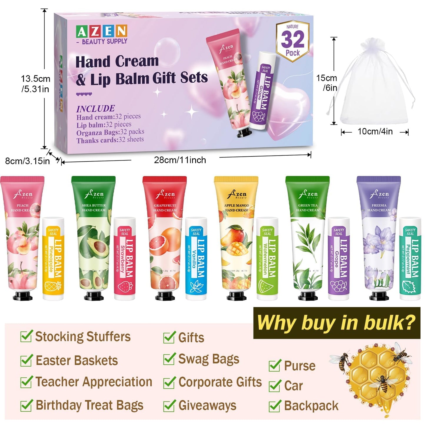 AZEN 32 Sets Bulk Gifts, Hand Cream and Lip Balm Bulk Set with Organza Bag Thank You Card, Baby Shower Wedding Gifts for Guests, Bridal Wedding Favors for Guests,Thank You Gifts for Women