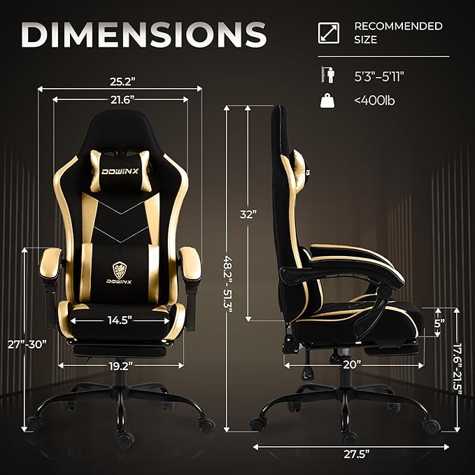 Gaming Chair with Footrest, Ergonomic 330lbs Leather Mesh Chair, Massage Lumbar Support, Adjustable Height & Headrest Pillow, Breathable Seat for Office, Home, Streaming, Long Gaming Sessions, Gold