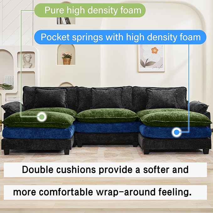 Oprisen 120" Modular Sectional Sofa, Comfy Cloud Couch Sectional Sofa with Ottoman, Chenille Sofa Sleeper Deep Seat Sofa with Throw Pillows for Living Room (Black, 120"- U Shape)