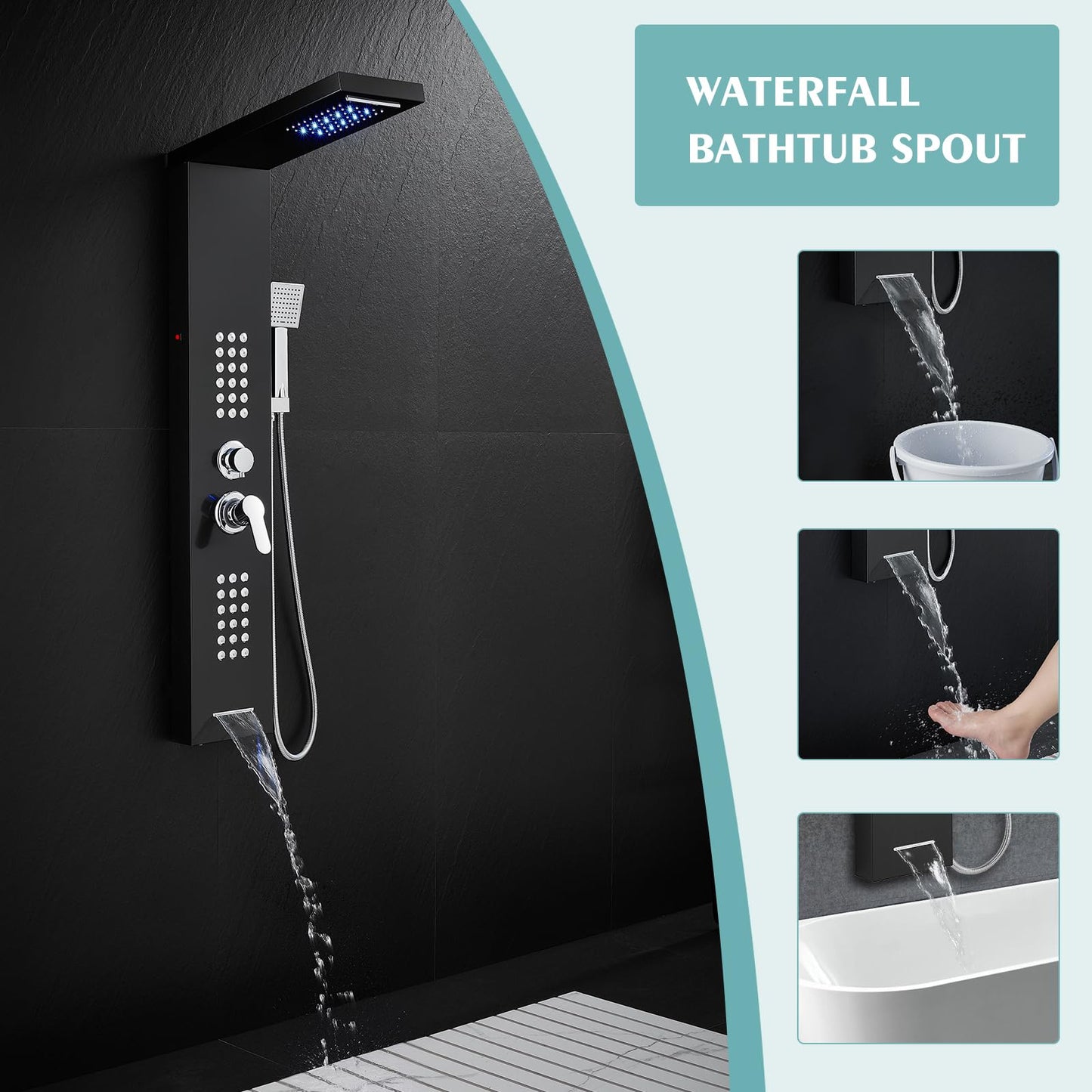 KINKIB LED Shower Panel Tower System Black with Rainfall Waterfall Shower Head, 5-in-1 Shower Tower with Powerful Body Jets, Handheld Shower and Tub Spout, High Pressure Shower Column Stainless Steel