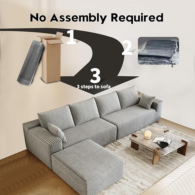 139.4" Modular Sectional Sofa, L-Shaped Minimalist Couches with Ottoman Chaise, Modern Deep Seat Convertible Sleeper Sofa,Cloud Plush Corduroy Fabric, No Assembly Required, 5 Seater, Grey