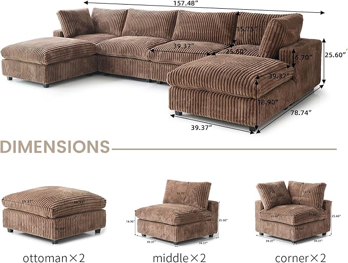 WJShome Cloud Couch Modular Sectional Sofa,157" Oversized U Shaped Couch with Ottoman,6 Seater Convertible Sofa,Comfy Plush Couches for Living Room,Covers Washable&Replaceable (Brown)
