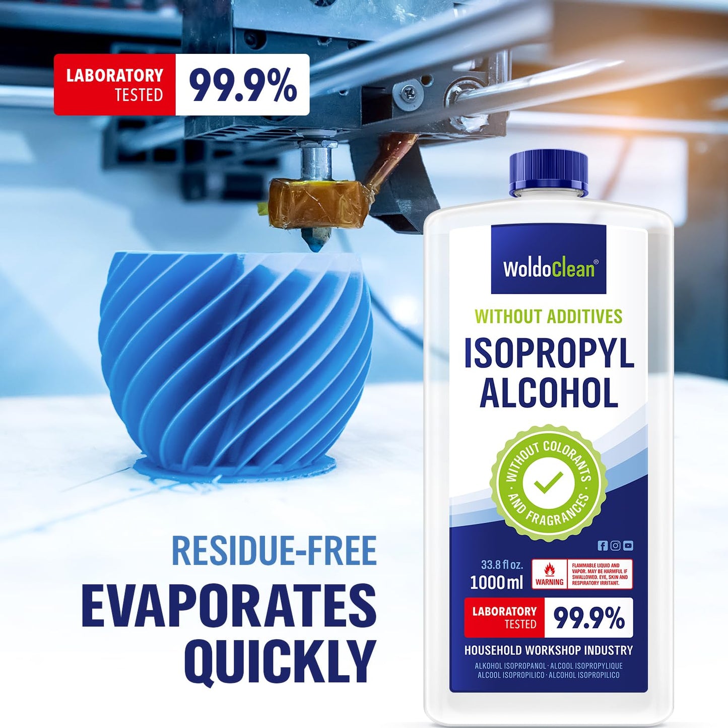 WoldoClean Isopropyl Alcohol 99.9% Pure IPA 33.8 fl oz - High Purity Rubbing Alcohol for Cleaning Electronics, Glass, Tools & Household Surfaces, Fast Evaporating, Residue-Free