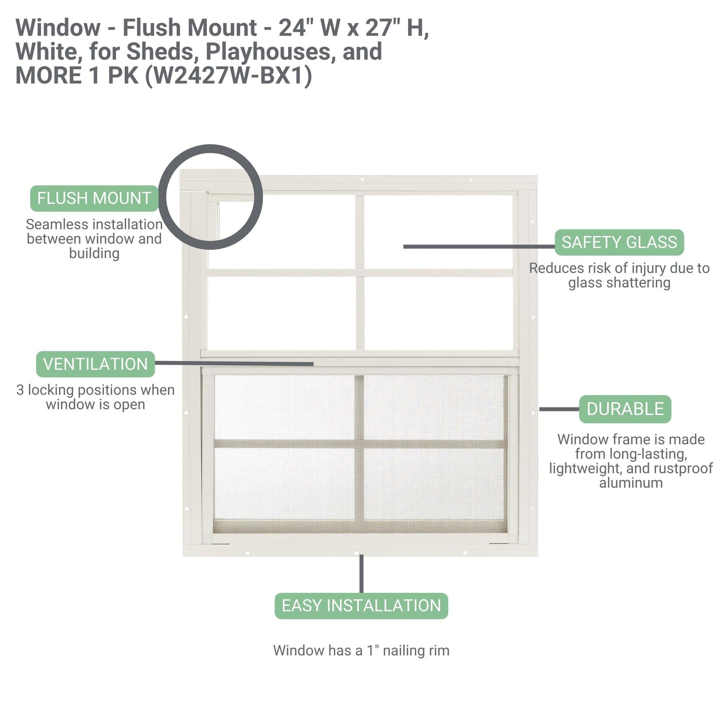 Shed Windows 24x27 (1-Pack) | Sliding Windows with Tempered Glass & Screens | Flush Mount, White Aluminum Frames for Sheds, Chicken Coops & Playhouses