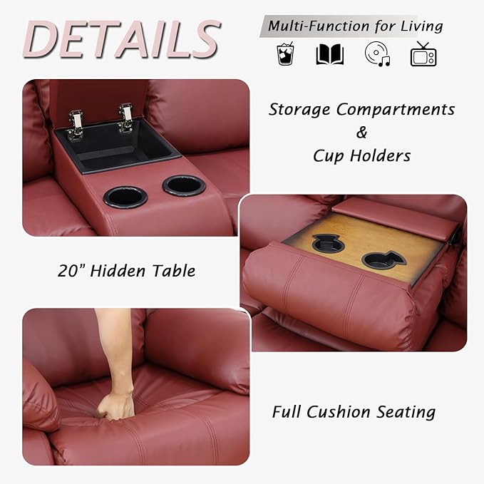 Caberryne 2 Pieces Leather Recliner Sofa Set，Recliner Sofa and Loveseat Sets for Living Room Furniture，Red Reclining Couch with 4 Recliners for Living Room/Office/Theater Seating(Sofa Set 2 Pieces)