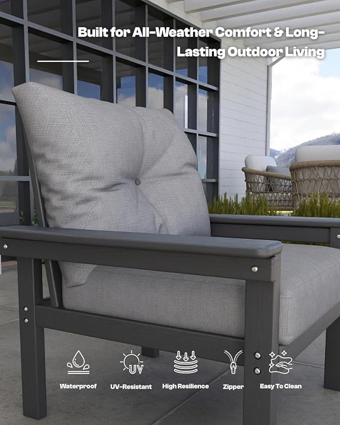 HDPE 7 Piece Patio Furniture Set, All-Weather Outdoor Couch Bistro Set with Hick Cushions & Coffee Table & Side Table, Patio Conversation Sets for Lawn, Garden, Porch, Balcony, Deck, Grey