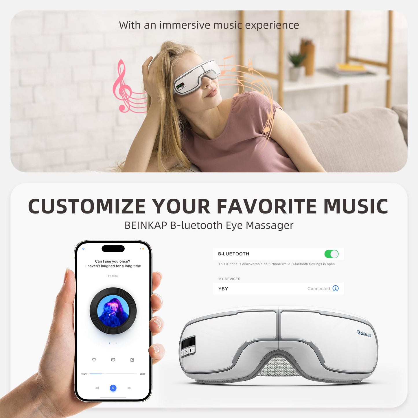 Beinkap Eye Massager with Heat, Music, Compression, Adjustable Sleep Mask Massage Holiday Birthday Gifts for Women Men, Eye Massager for Migraine Reduce Stye Eye, Eye Strain Relief, Improve Sleep