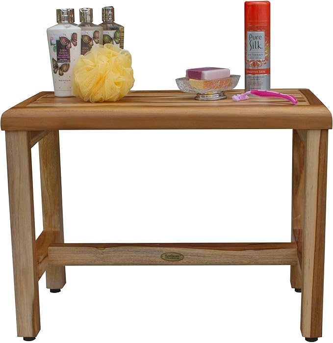 EcoDecors Eleganto 16 Inch Height Natural Color Waterproof Teak Wood Shower Bench Stool Seat Chair for Inside Shower Provides Safety, Storage, and Organization for Bathroom Accessories