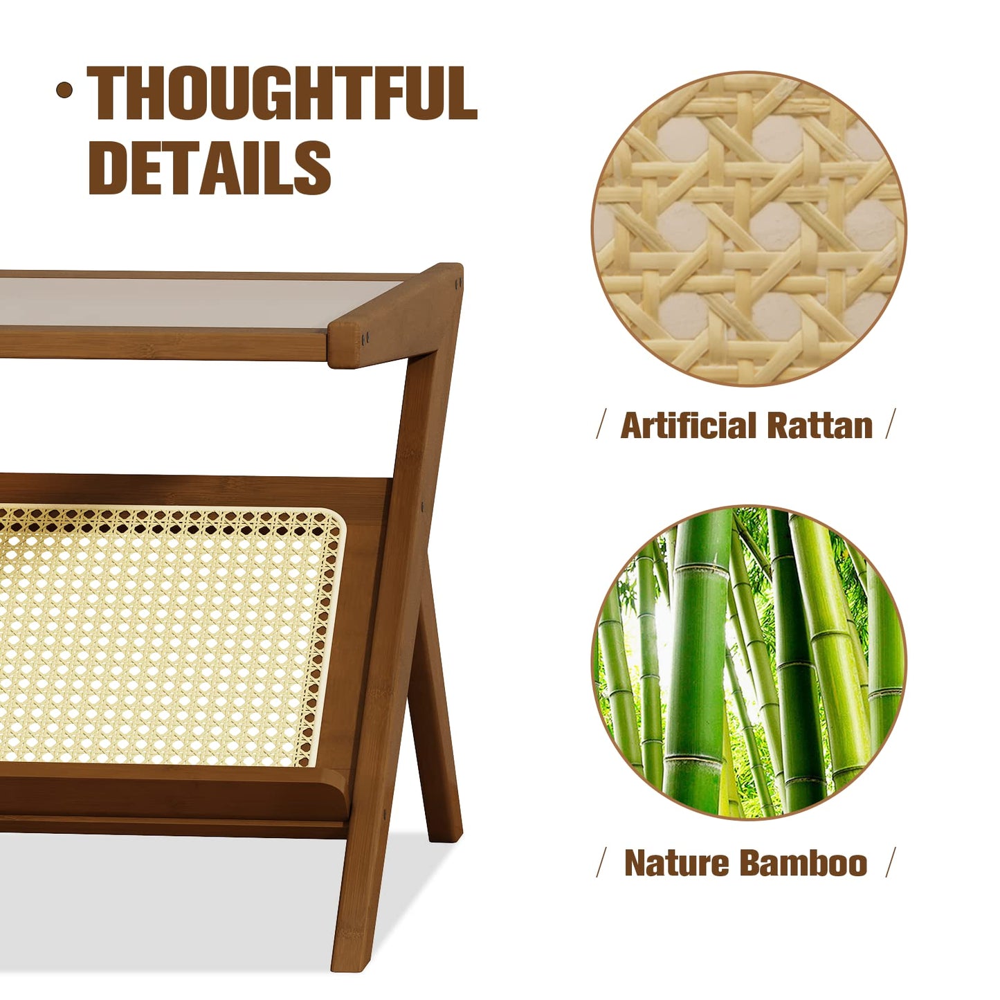 Bamworld Rattan Coffee Table with Glass Top Mid-Century Modern Center Table with Storage for Living Room Table Brown