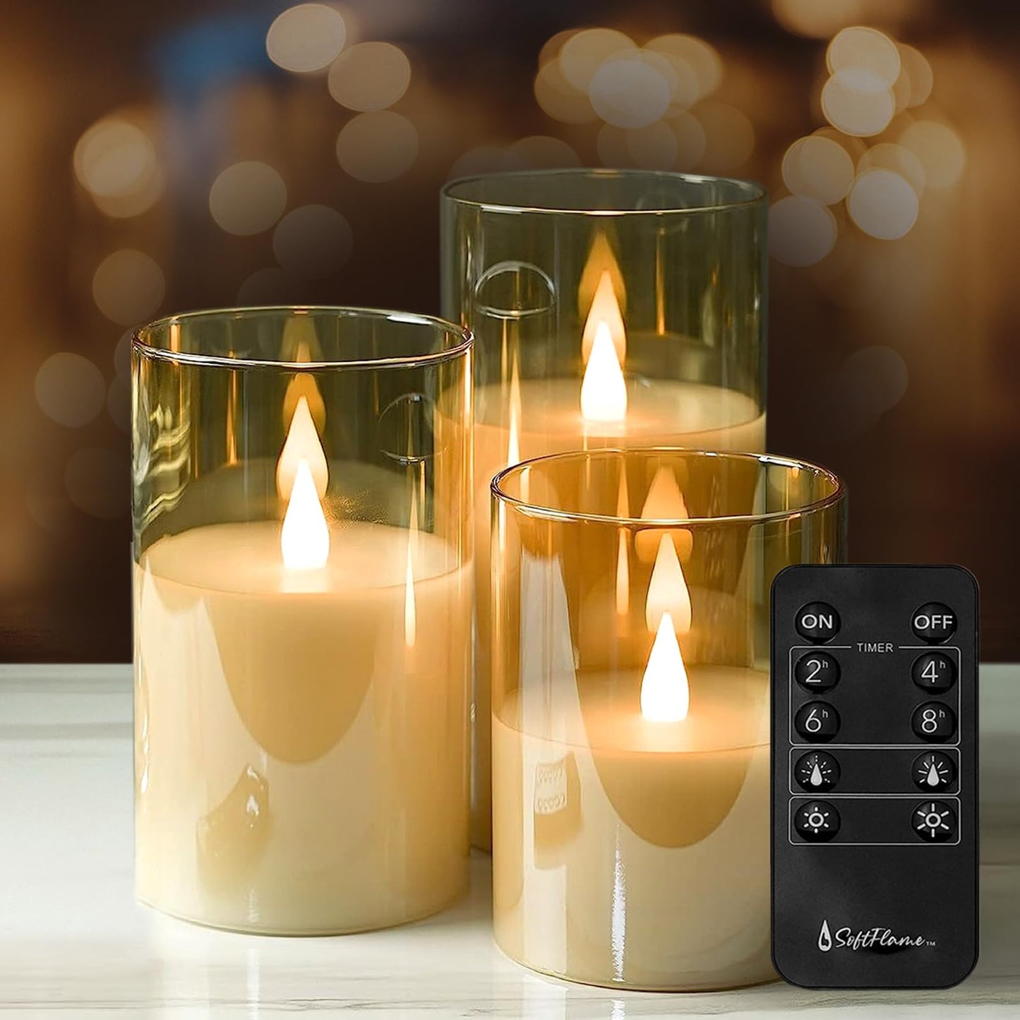 Softflame Flickering Flameless Gold Glass LED Candle,Set of 3: 3"x 4",3" x 5",3" x 6", with Remote Control