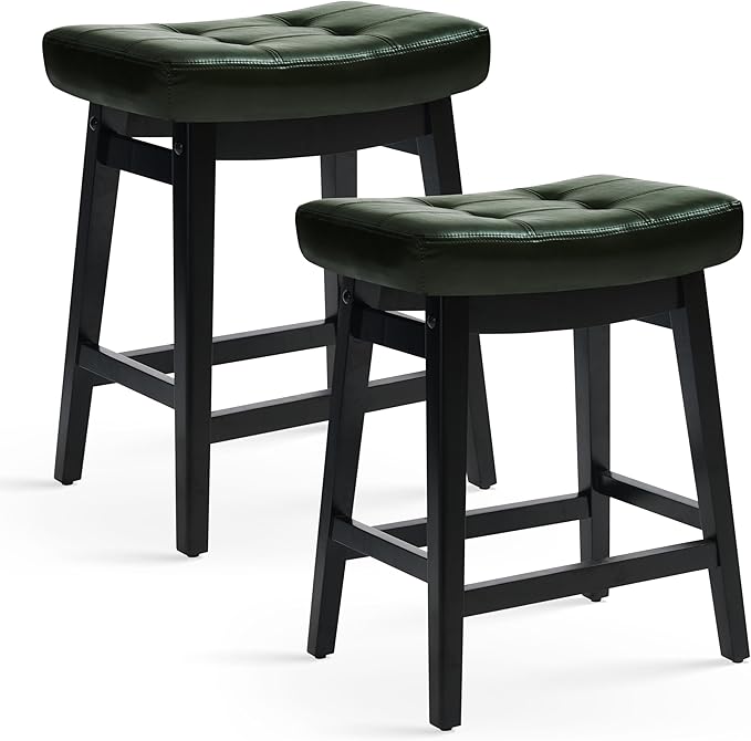 RNKSFX Counter Height Bar Stools Set of 2 for Kitchen Counter Farmhouse Modern Barstools with Faux Leather Upholstered Backless Seat and Solid Wood Legs 24 inch Bar Chairs, Green + Black