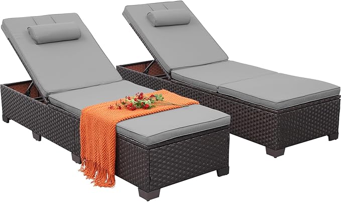 Rattan Star Brown Wicker Patio Chaise Lounge Chairs Set of 2 Outdoor Chaise Lounge Pool Lounge Chairs Poolside Recliner Chairs with Grey Cushions and Headrest