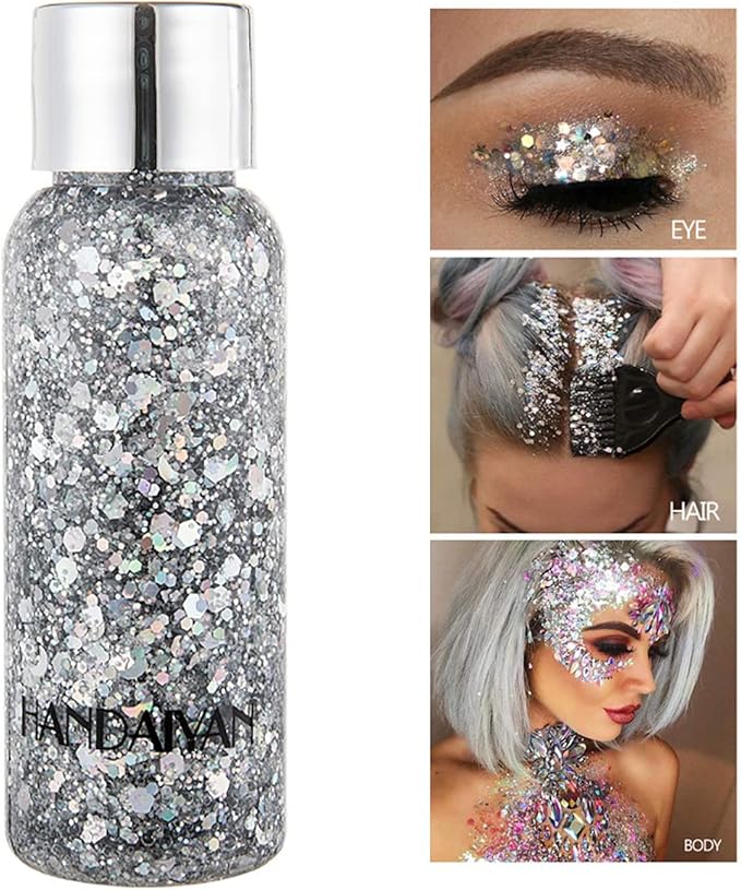 Mermaid Sequins Body Glitter Gel, Make Up Long Lasting Glitter for Body Face Hair Eyeshadow, Music Festival Party Carnival Long Lasting Face Glitter, No Glue Needed and Easy to Remove. (Silver)