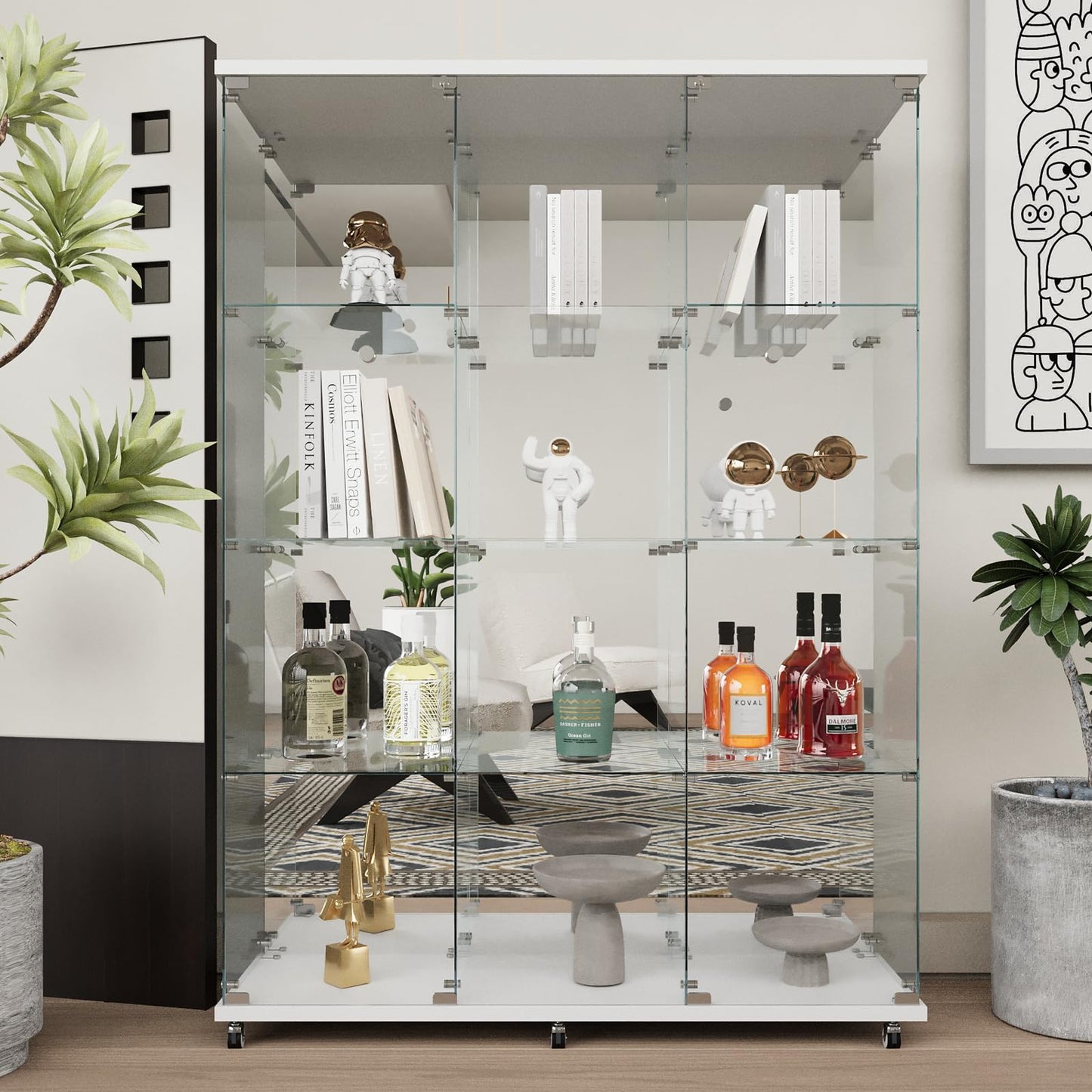 Beauty4U Glass Display Cabinet with Mirror Back Panel, 12 Shelves with 3 Columns, Curio Cabinets for Living Room, Bedroom, Office, White Floor Standing Glass Bookshelf, Quick Installation