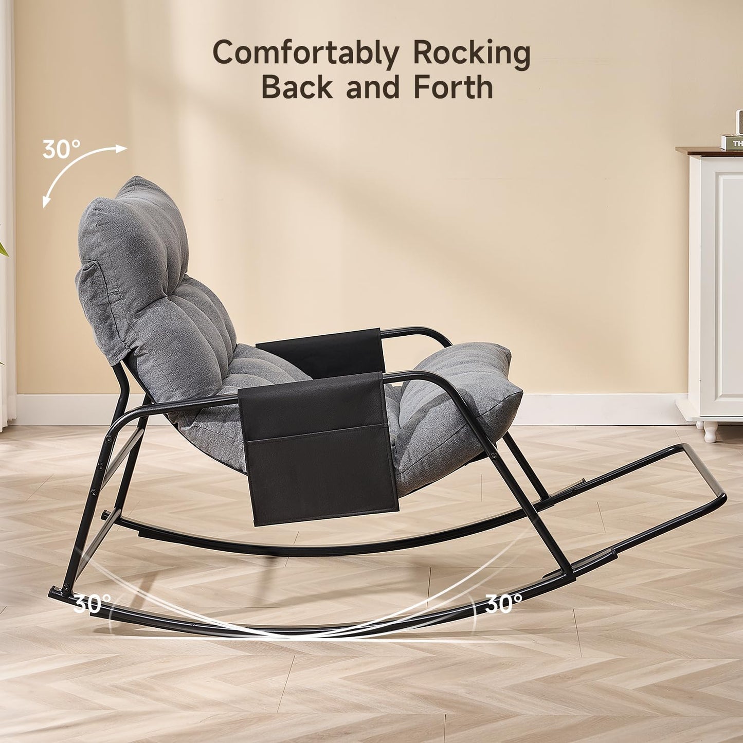 Outdoor Rocking Chair, Oversized Papasan Chair with Padded Cushion, Indoor & Outdoor Rocker Chair for Living Room, Bedroom, Patio, Garden, Gray