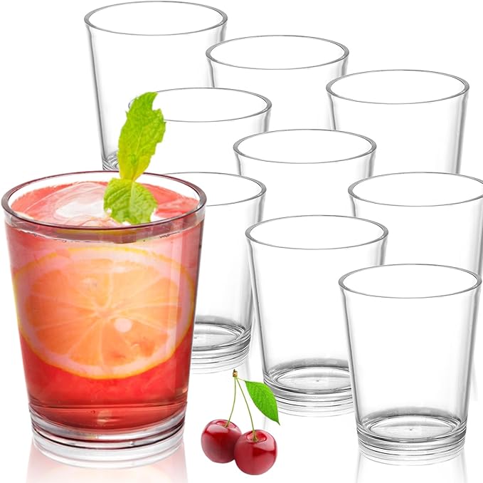 Noamus 9 Pack Plastic Drinking Glasses, 12 Oz Unbreakable Acrylic Water Tumblers, Reusable Shatter-Proof Clear Glasses, Wh...