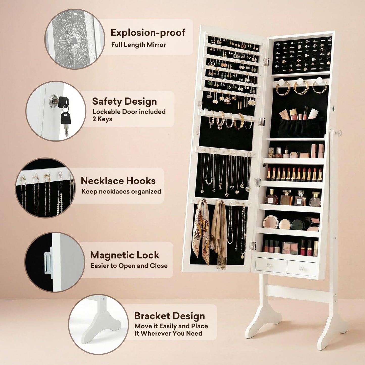 Antok Jewelry Cabinet with Full Length Mirror & Large Storage - 61" Standing Lockable Armoire Organizer, Floor to Ceiling Model for Bedroom or Dressing Room, White