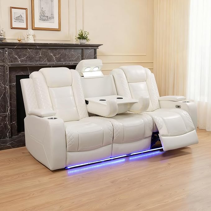 Caberryne Power Recliner Sofa with LED Lights,Leather Reclining Couch with Double Recliner/USB Port/Coffee Table/Cup Holder for House/Home Theater(3 Seater Sofa,Creamy)