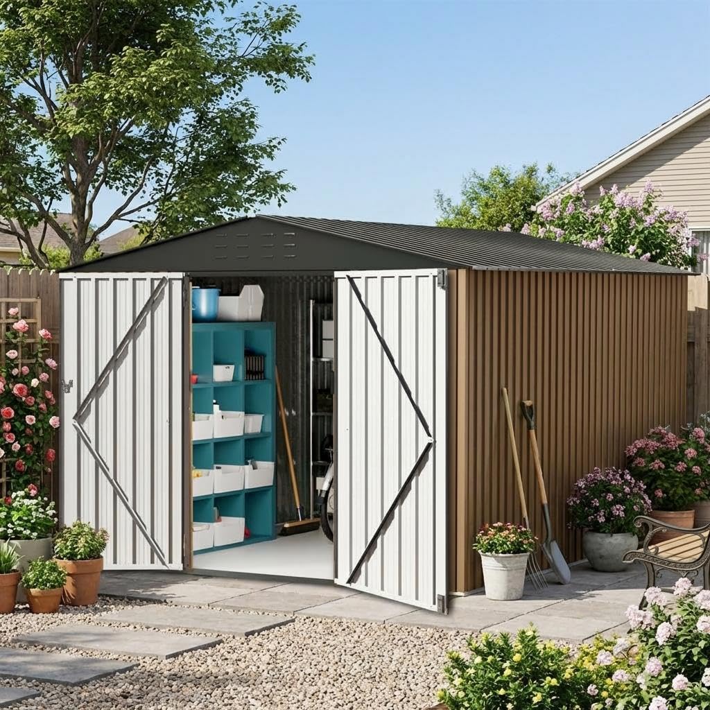 Garvee 10x10ft Metal Shed, Outdoor Garden Tool Storage Shed with Lockable Doors, Large Metal Shed with Sturdy Frame Structure, for Backyard, Patio, Lawn, Brown