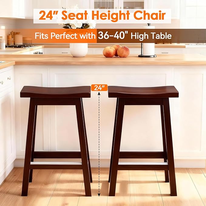 PayLessHere Bar Stools Set of 2, Wooden Saddle Stools 24 Inch Heigh, Bar Chairs Seat with Footrests and Industrial, Kitchen Counter Stools for Restaurant, Bistro Bar and Home Dining