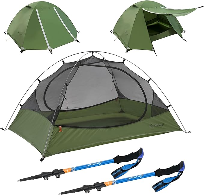 Clostnature 2-Person Ultralight Waterproof 3-Season Camping Tent with Collapsible Aluminum Trekking Poles - Easy Setup Lar...