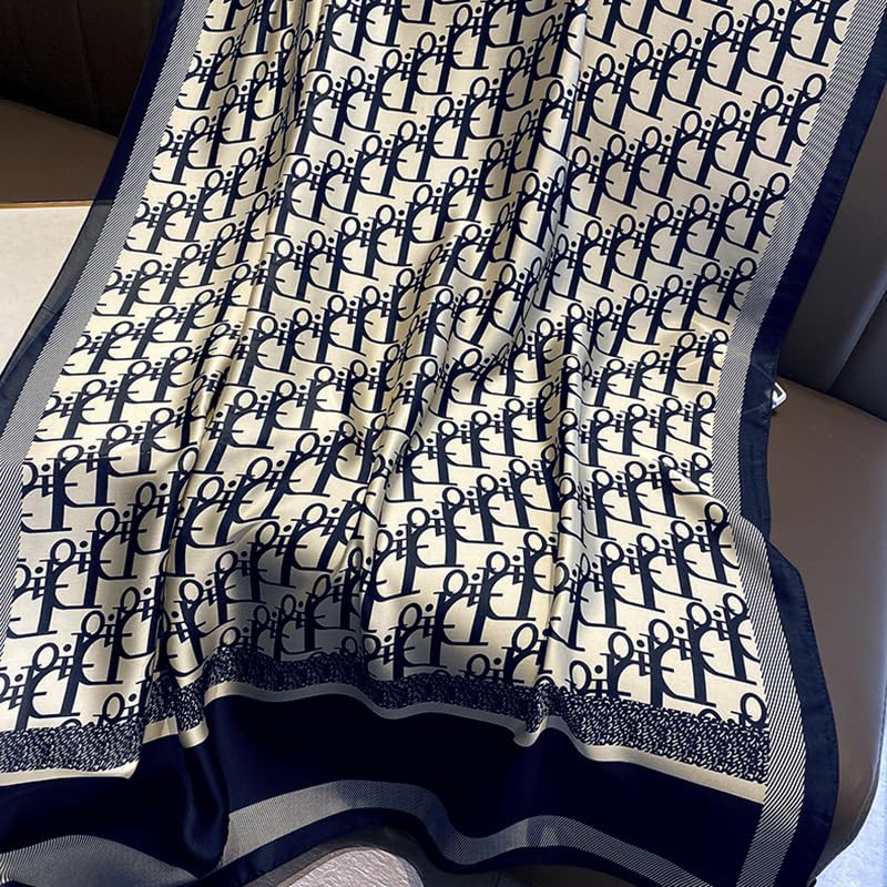 Designer Monogram Print Silk Scarf, Navy Blue and White, Luxury Fashion Accessory for women