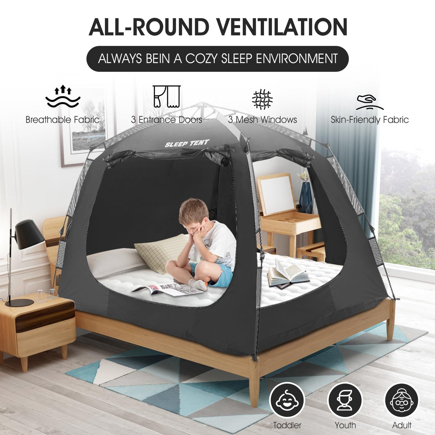 YAVIL Portable Bed Tent Bed Canopy Full Size,ONE-Click Sleeping Tent Breathable Indoor Tent Privacy Large Space with 3 Doors for Kids and Adult