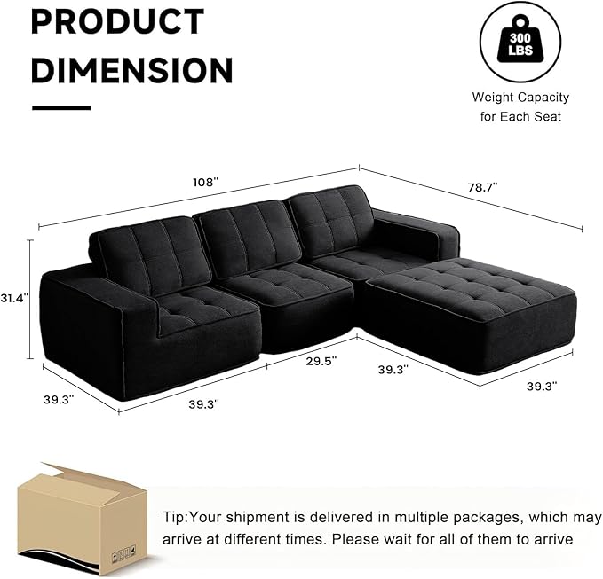 108" Boneless sectional Couch for Living Room,Convertible L-Shape Fleece Couches with Ottoman, Cloud Modular Sofa with Deep Seat for Bedroom, No Assembly,Black