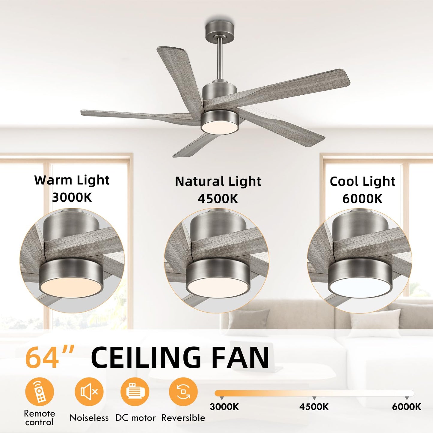 WINGBO 64" ABS DC Ceiling Fan with Lights, 5 Blade ABS Wood Grain Ceiling Fan with Remote, 6-Speed Reversible DC Motor, LED Ceiling Fans for Kitchen Bedroom Living Room, Antique Nickel and Grey