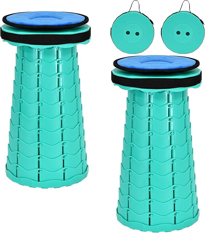 FXKS 2 Pack Upgraded Collapsible Stool Folding Stool with Cushion,Retractable Folding Stool Max Load Capacity 400lbs, Portable Telescoping Stools for Camping Hiking Outdoor BBQ -Mint Green