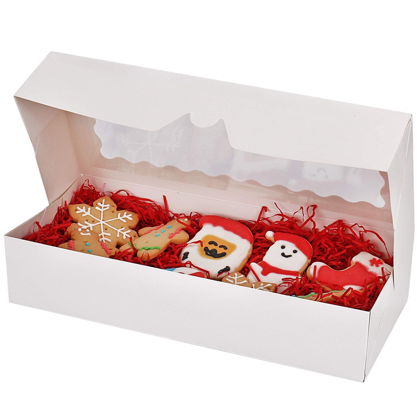 Tcoivs 20-Pack Cookie Boxes with Window, 12.5" x 5.5" x 2.5", White Bakery Boxes, Auto-Popup Treat Boxes for Pastries, Strawberries