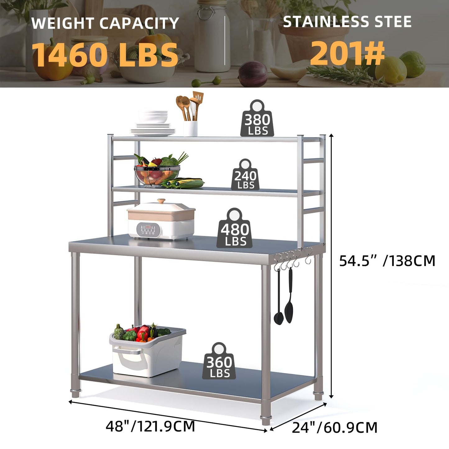 JFHID Stainless Steel Table with Shelves 48"x24" Prep Table for Commercial Kitchen Steel Countertop with 2 Adjustable Tier Overshelves Worktable Workbench for Home Restaurant (Large)